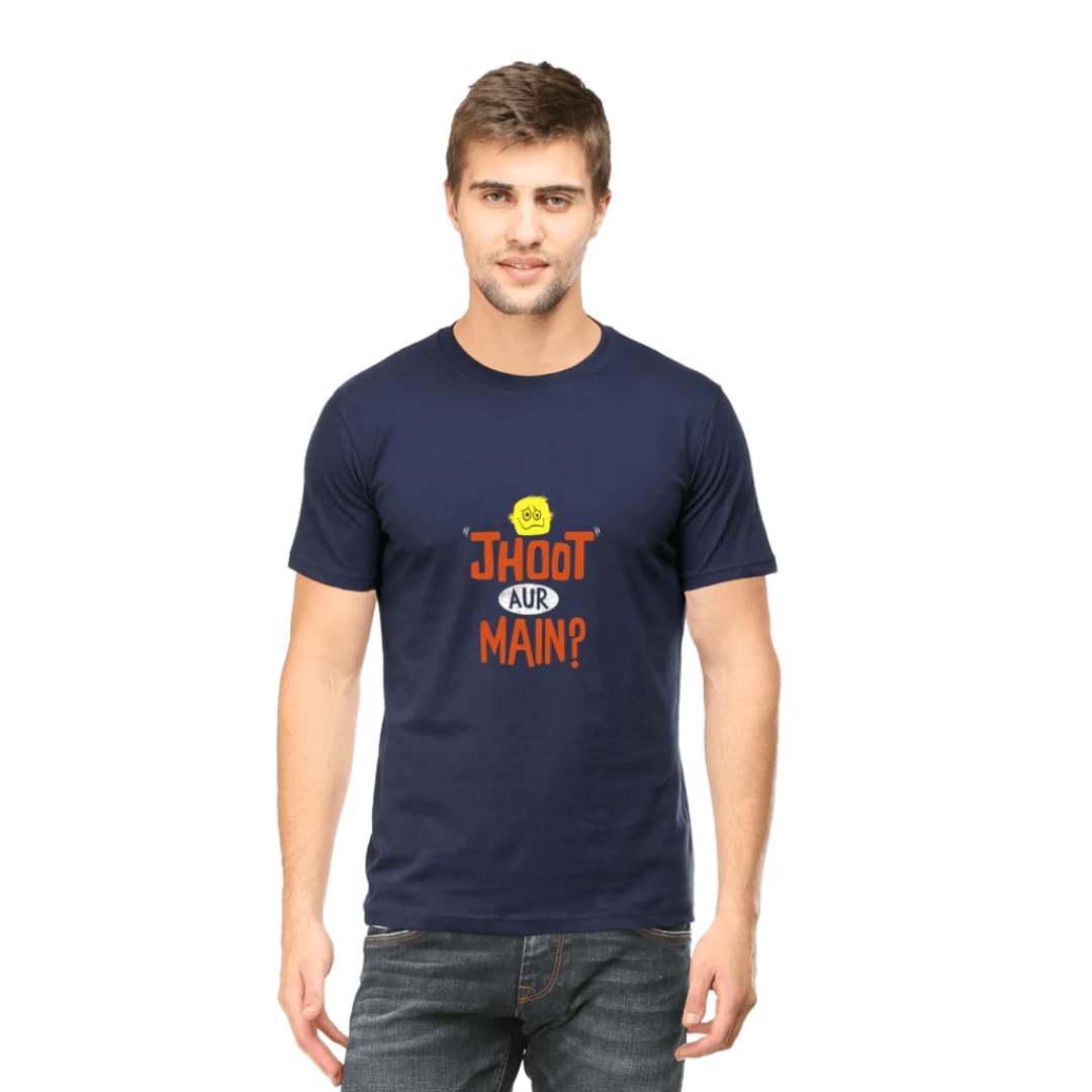 Man wearing JHOOTH AUR MAIN? unisex round neck t-shirt in navy blue with vibrant print