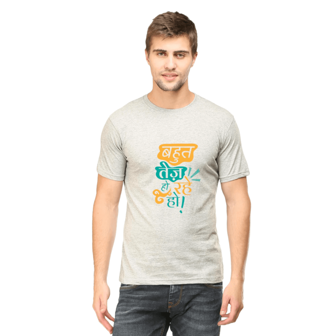 Man wearing a BAHUT TEJ HO RAHE HO unisex t-shirt with Hindi text, in soft grey color, round neck, and vibrant print.