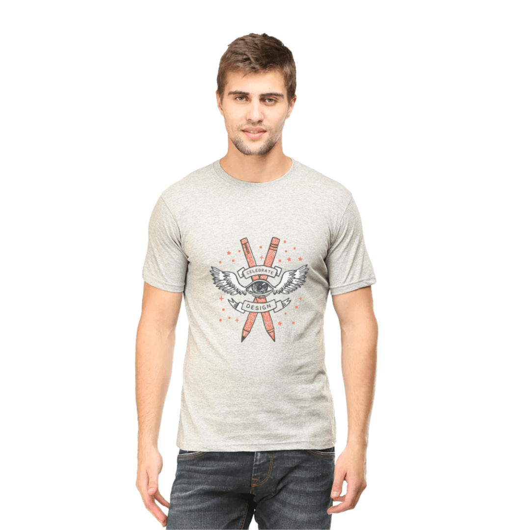 Unisex Celebrate Design Round Neck Tshirt in grey with vibrant graphic print, worn by a model