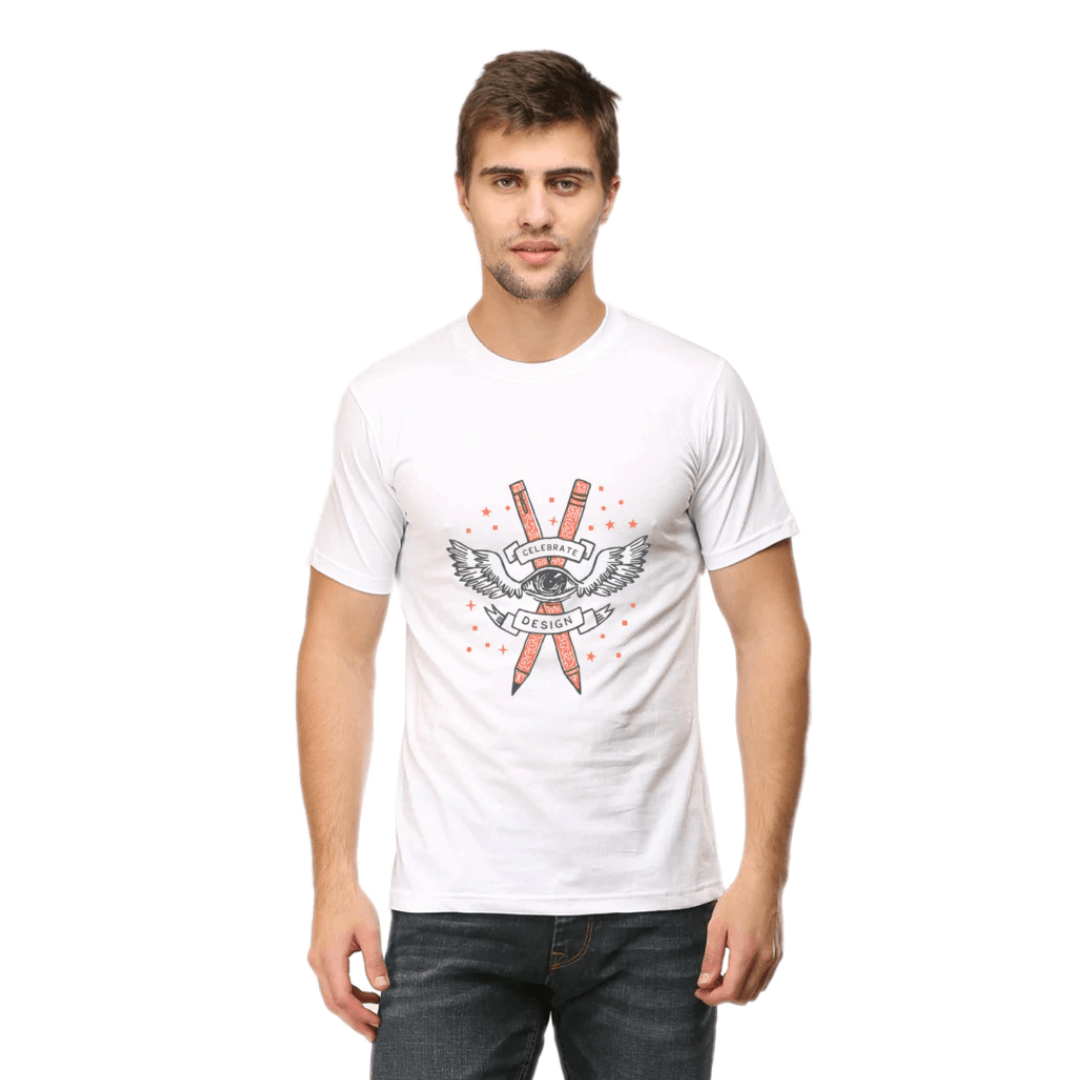 Unisex Celebrate Design Round Neck Tshirt in white with vibrant print, modeled by a person wearing jeans.