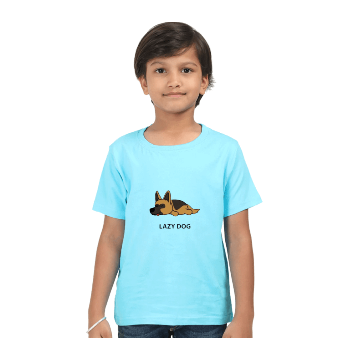 Boy wearing a blue Kids Lazy Dog Tshirt with a cute dog graphic and durable, high-quality fabric.