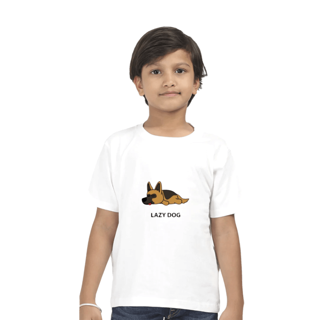 Lazy Dog Kids T-shirt with cartoon dog design, worn by child, featuring durable, pre-shrunk fabric and double-stitched seams for long-lasting wear.