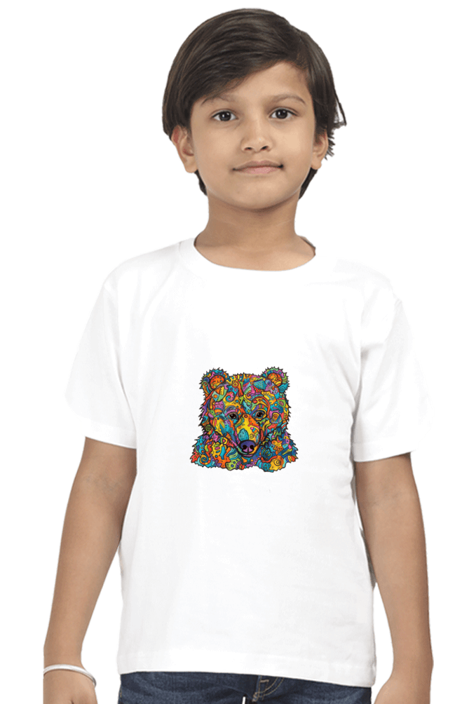 Child wearing Colorful Bear Kids Round Neck T-Shirt made of durable, bio-washed fabric with a vibrant bear graphic.