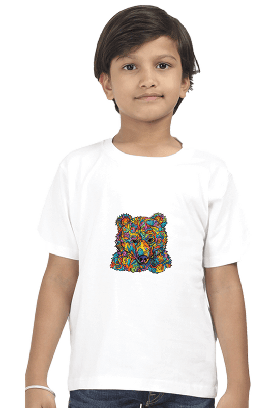 Child wearing Colorful Bear Kids Round Neck T-Shirt made of durable, bio-washed fabric with a vibrant bear graphic.