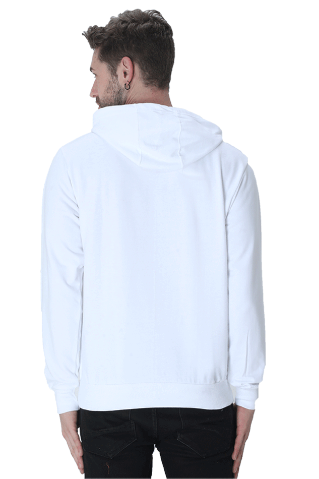 Back view of a man wearing a white Believe Hooded Sweatshirt, showcasing its cozy design and stylish fit.