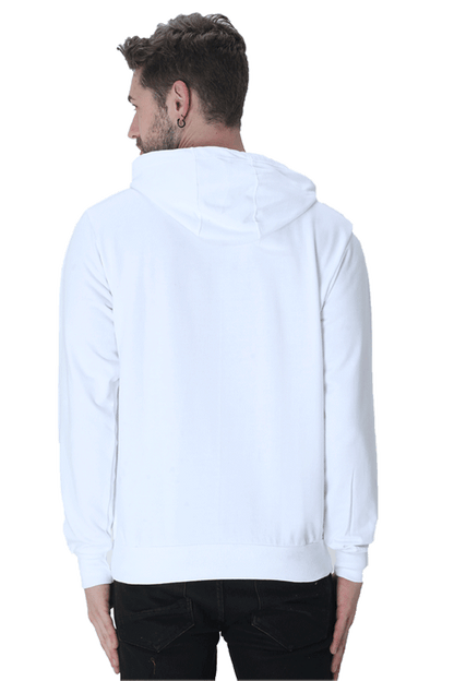 Back view of a man wearing a white Believe Hooded Sweatshirt, showcasing its cozy design and stylish fit.