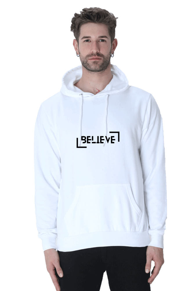 Unisex Believe Hooded Sweatshirt in white, featuring a stylish logo and relaxed fit for ultimate comfort and warmth.