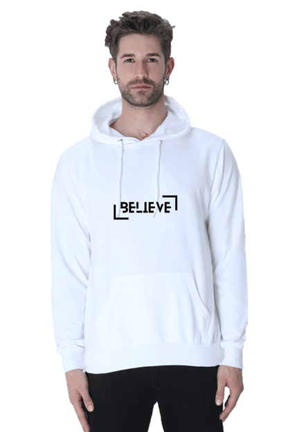 Unisex Believe Hooded Sweatshirt in white, featuring a stylish logo and relaxed fit for ultimate comfort and warmth.