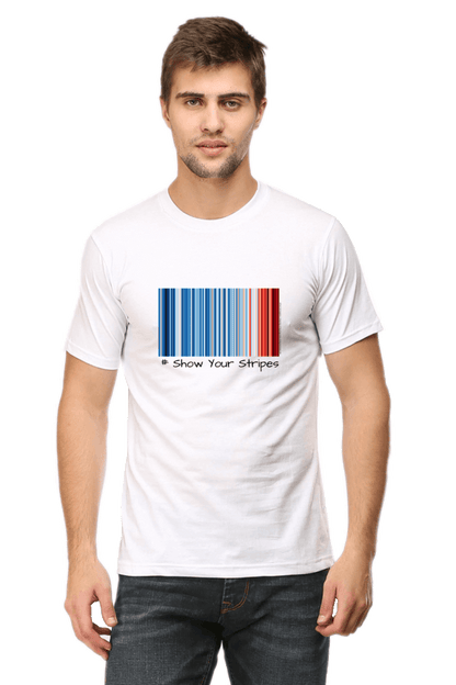 Man wearing “Show Your Stripes” t-shirt with warming stripes design by Prof. Ed Hawkins representing temperature changes in India.