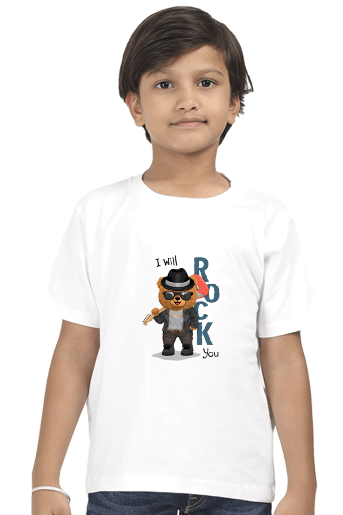 Child wearing "I Will Rock You" kids round neck t-shirt made of 180 GSM super combed bio-washed fabric with a ribbed neck and double-stitched seams.