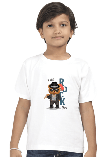 Child wearing "I Will Rock You" kids round neck t-shirt made of 180 GSM super combed bio-washed fabric with a ribbed neck and double-stitched seams.