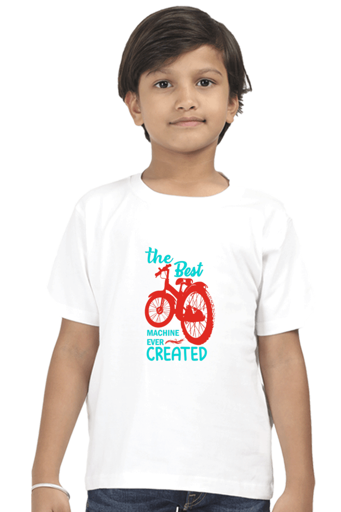 Child wearing The Best Machine Ever Created Kids Round Neck T-shirt with a bicycle print design in white.