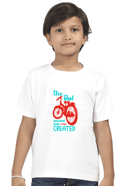 Child wearing The Best Machine Ever Created Kids Round Neck T-shirt with a bicycle print design in white.