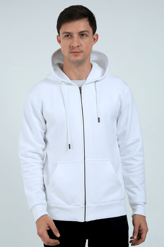 Man wearing a plain heavyweight zipper hoodie in white, designed for comfort and style with a durable fabric blend.