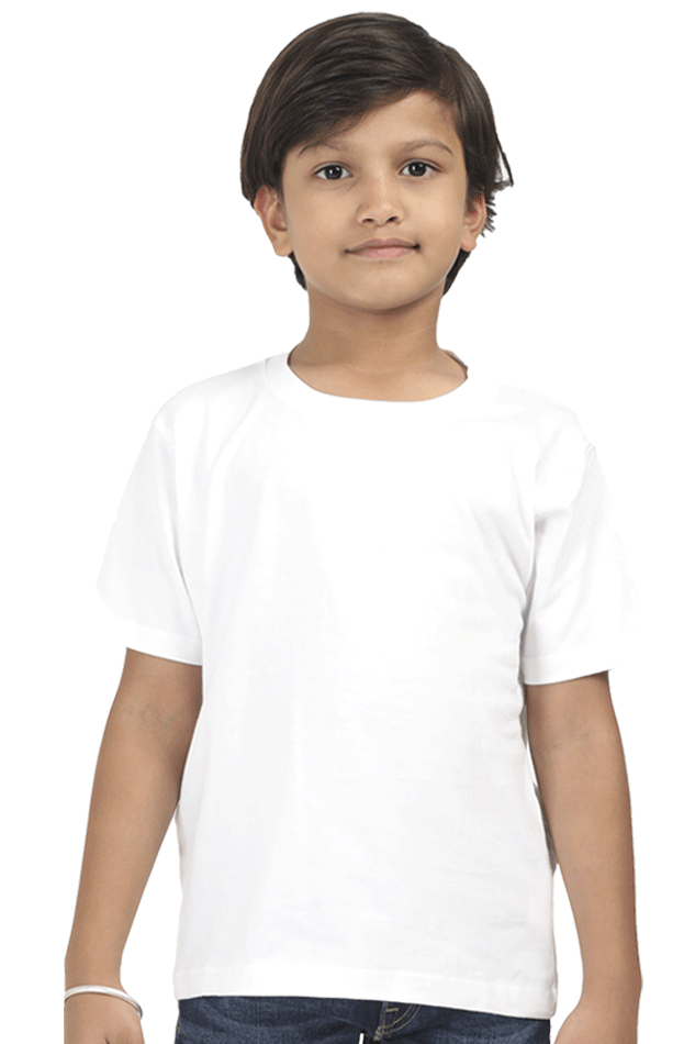 Child wearing a white kids plain round neck t-shirt made from 180 GSM super combed bio-washed fabric, showcasing regular fit and durability.