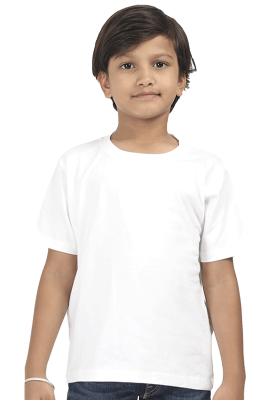 Child wearing a white kids plain round neck t-shirt made from 180 GSM super combed bio-washed fabric, showcasing regular fit and durability.