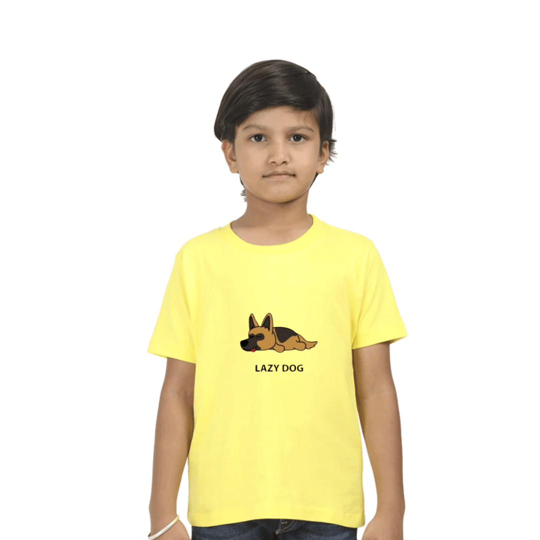 Boy wearing yellow Lazy Dog kids t-shirt with cartoon dog print, made from bio-washed fabric for durability and comfort.