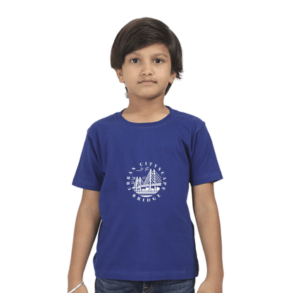 Young boy wearing an Urban City Kids T-shirt in royal blue featuring a durable, bio-washed fabric and a cityscape graphic print.