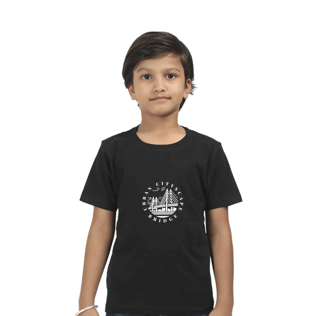 Urban City Kids T-shirt in black, featuring durable double-stitched seams and ribbed neck for comfort and durability.