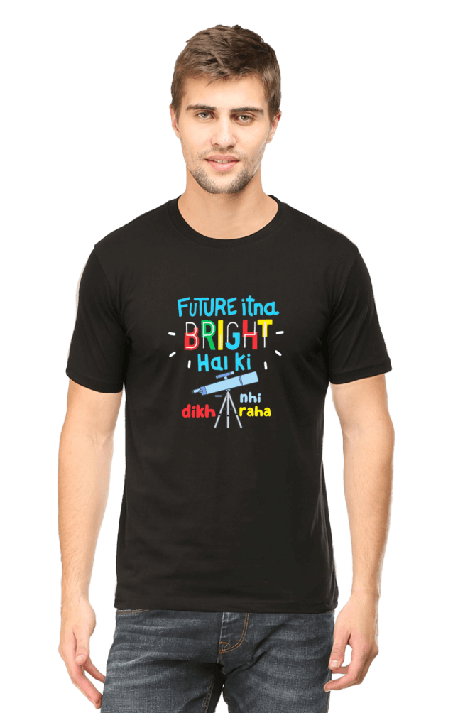 Man wearing a black Future Bright funky round neck t-shirt with colorful text design