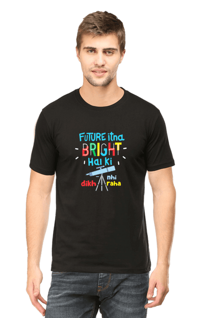 Man wearing a black Future Bright funky round neck t-shirt with colorful text design