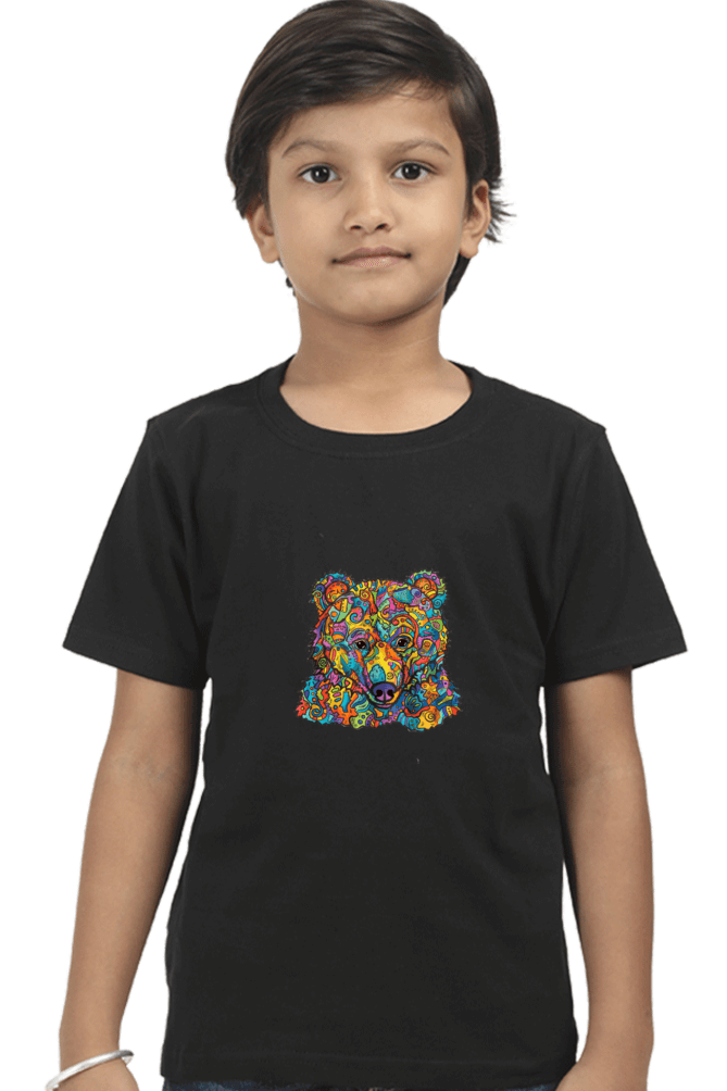 Child wearing colorful bear print kids round neck t-shirt made of durable bio-washed fabric with double-stitched seams and ribbed neck