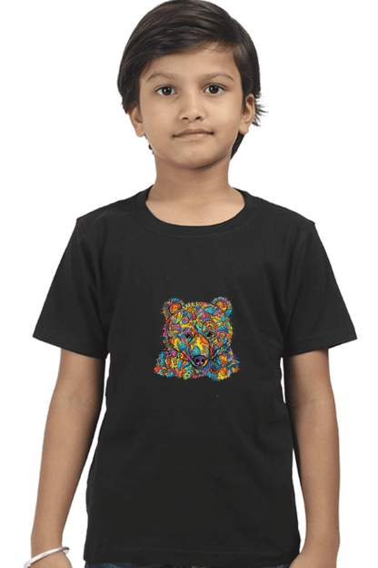 Child wearing colorful bear print kids round neck t-shirt made of durable bio-washed fabric with double-stitched seams and ribbed neck