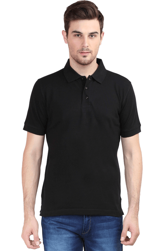 Model wearing black plain polo T-shirt by Bonzo Peters, made of premium brushed fleece, breathable 100% super combed cotton.