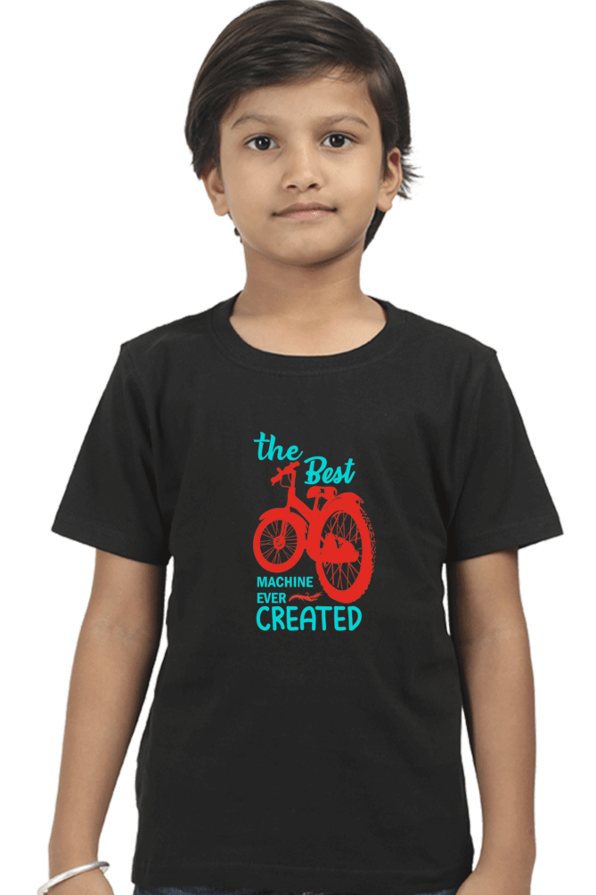 Child wearing black round neck t-shirt with "The Best Machine Ever Created" design, made of durable 180 GSM bio-washed fabric