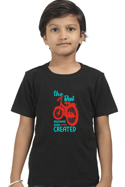 Child wearing black round neck t-shirt with "The Best Machine Ever Created" design, made of durable 180 GSM bio-washed fabric