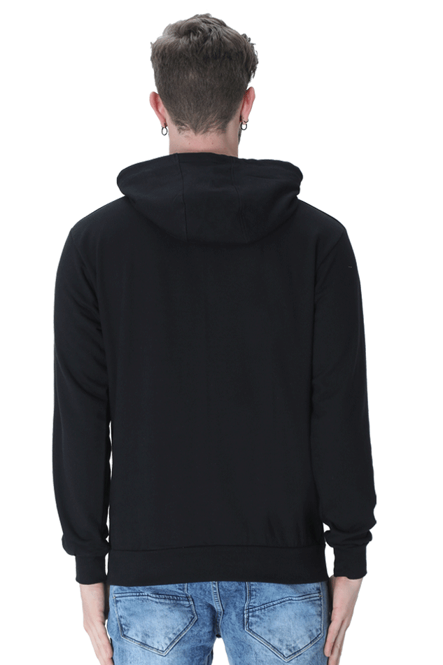 Back view of a stylish black hooded sweatshirt, showcasing its cozy design and relaxed fit perfect for winter wear.