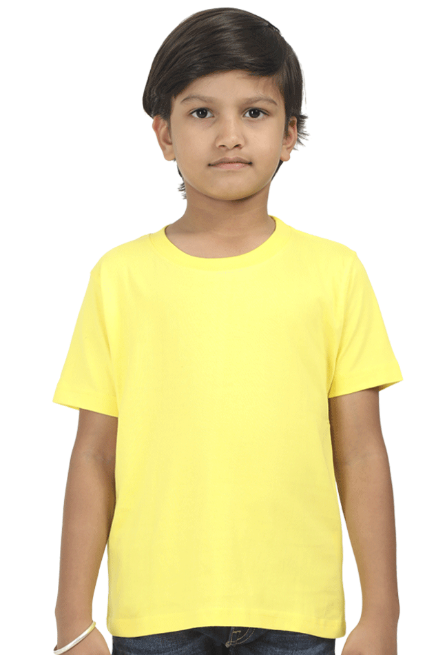 Kid wearing a yellow plain round neck t-shirt made from 180 GSM super combed bio-washed fabric, pre-shrunk and durable with double stitched seams