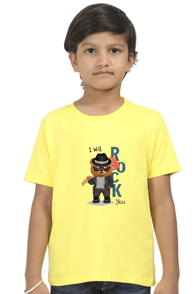 Boy wearing yellow "I will Rock You" kids round neck T-shirt with bear graphic, made of 180 GSM bio-washed fabric.