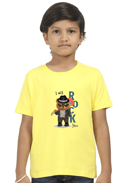 Boy wearing yellow "I will Rock You" kids round neck T-shirt with bear graphic, made of 180 GSM bio-washed fabric.