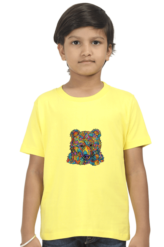 Child wearing yellow round neck t-shirt with colorful bear design, made of durable bio-washed fabric.