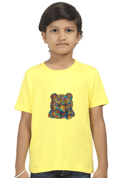 Child wearing yellow round neck t-shirt with colorful bear design, made of durable bio-washed fabric.