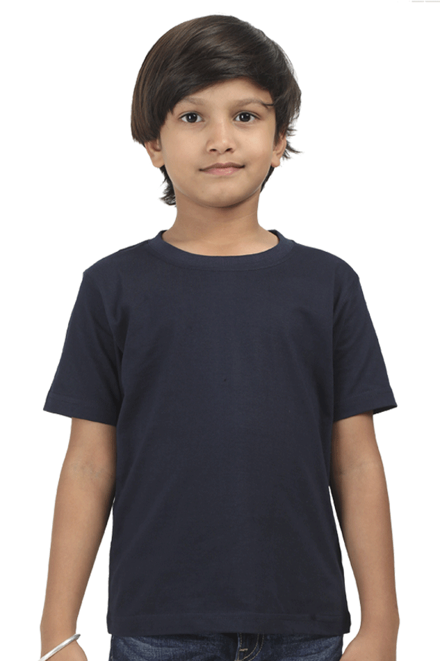 Child wearing a navy blue plain round neck t-shirt made of 180 GSM super combed bio-washed fabric with double stitched seams and ribbed neck.