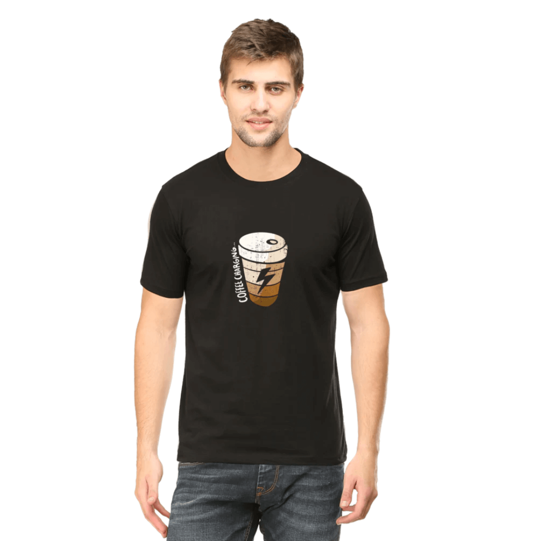 Man wearing black Coffee Charging Round Neck unisex T-shirt with coffee and battery design