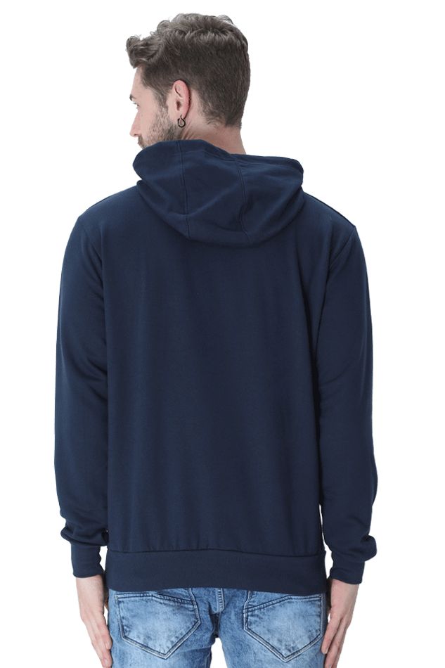 Back view of a man wearing a navy Traveller Hooded Sweatshirt, showcasing its cozy design and stylish appeal.