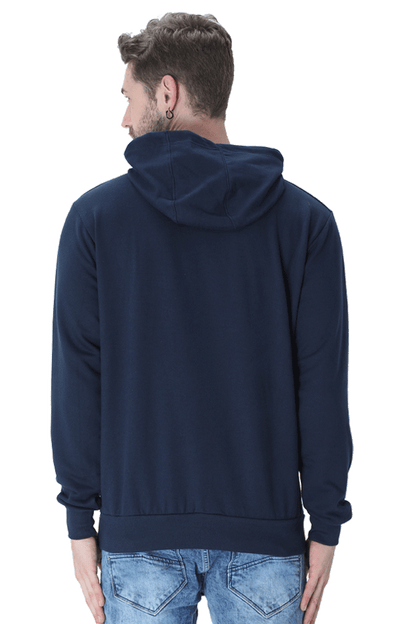 Back view of a man wearing a navy Traveller Hooded Sweatshirt, showcasing its cozy design and stylish appeal.