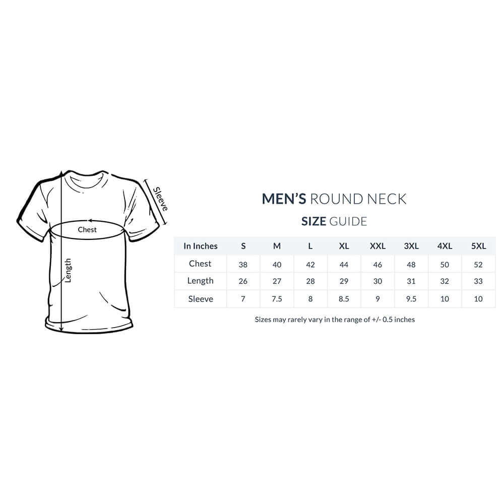 Men's round neck T-shirt size guide showing chest, length, and sleeve measurements from size S to 5XL.