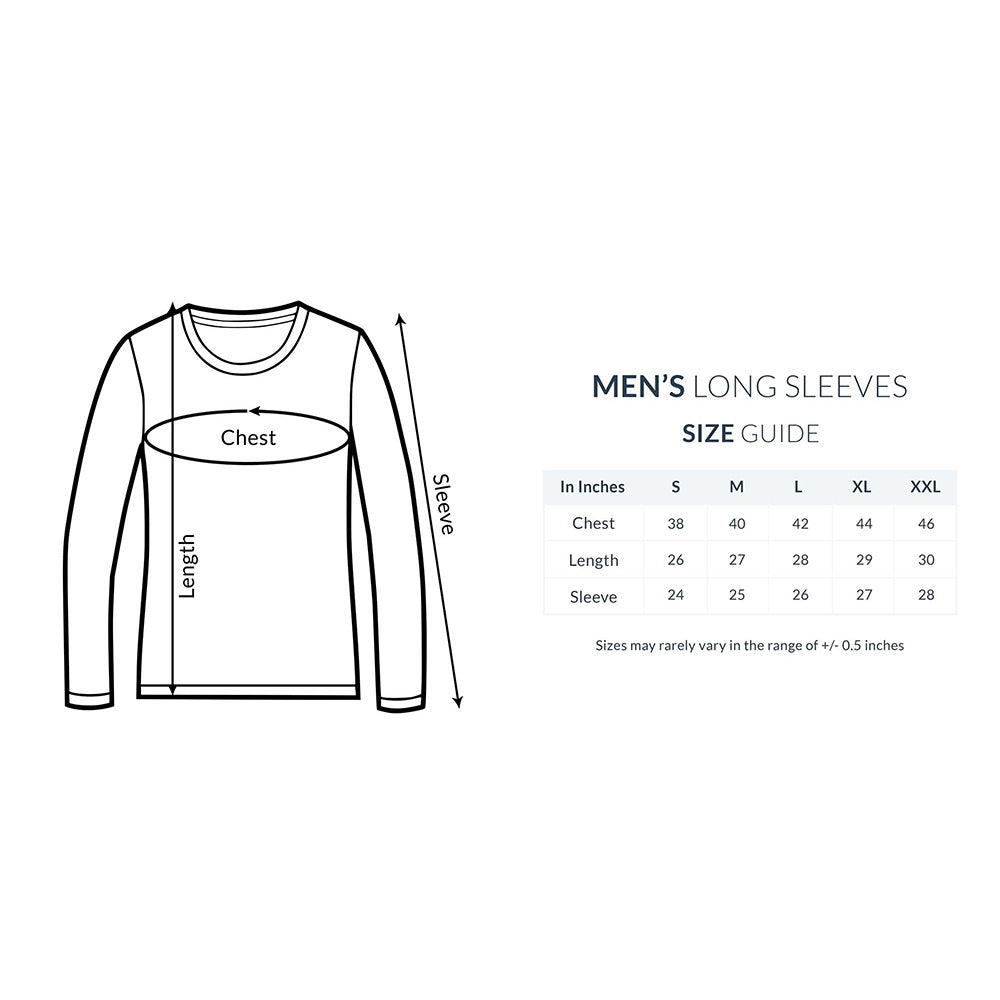 Men's long sleeves t-shirt size guide with chest, length, and sleeve measurements in inches for sizes S to XXL.