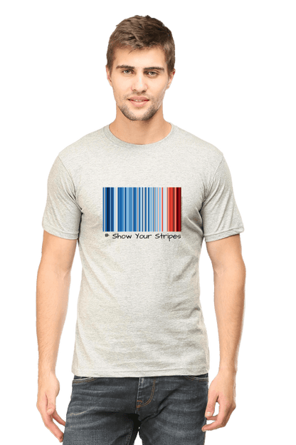 Man wearing "Show Your Stripes" t-shirt depicting warming stripes by Prof. Ed Hawkins, visualizing 100 years of temperature changes in India.