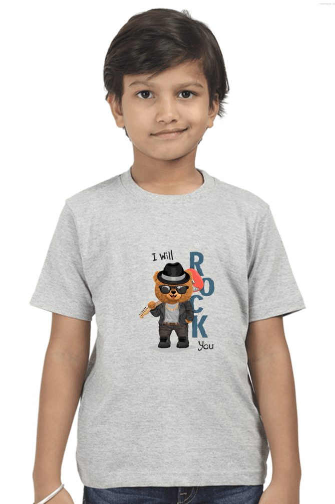 Child wearing "I will Rock You" kids round neck t-shirt made of 180 GSM super combed bio-washed fabric with durable double stitched seams.