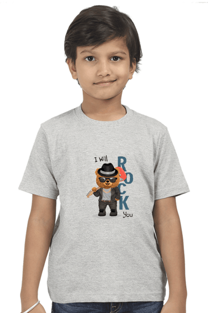 Child wearing "I will Rock You" kids round neck t-shirt made of 180 GSM super combed bio-washed fabric with durable double stitched seams.