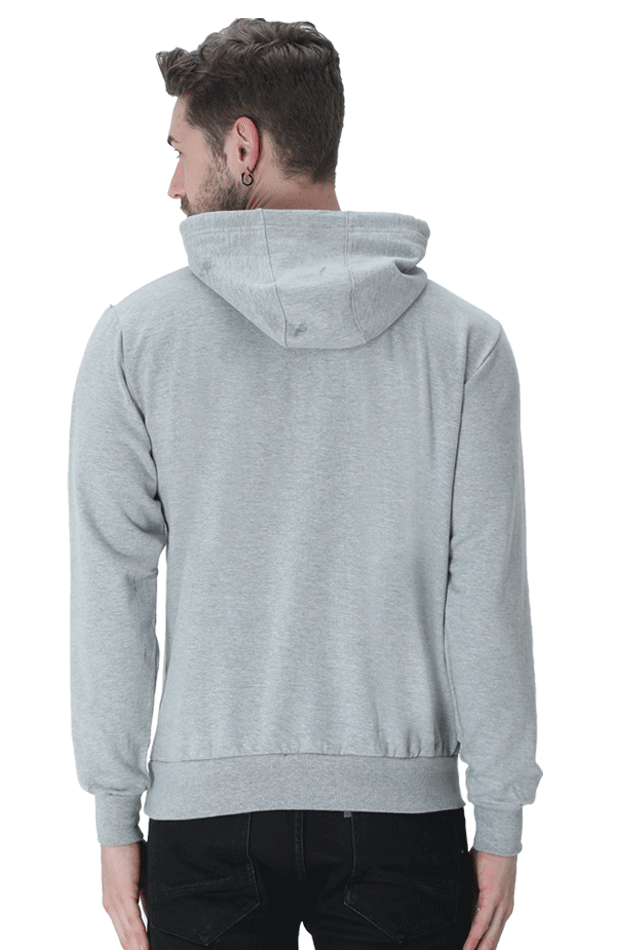 Back view of a man wearing a gray hooded sweatshirt, showcasing its stylish design and cozy fabric.