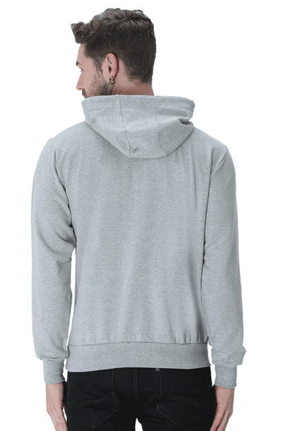 Back view of a man wearing a gray hooded sweatshirt, showcasing its stylish design and cozy fabric.