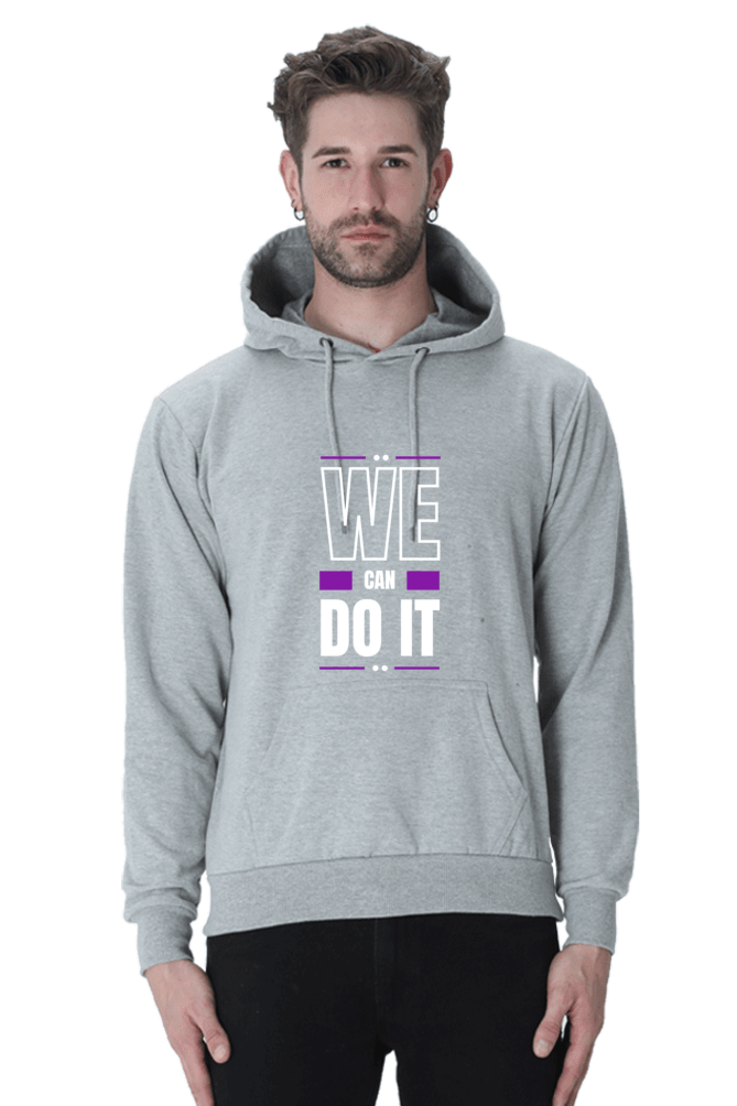 Unisex gray hooded sweatshirt featuring "WE CAN DO IT" design for ultimate warmth and style. Perfect for winter wardrobes.