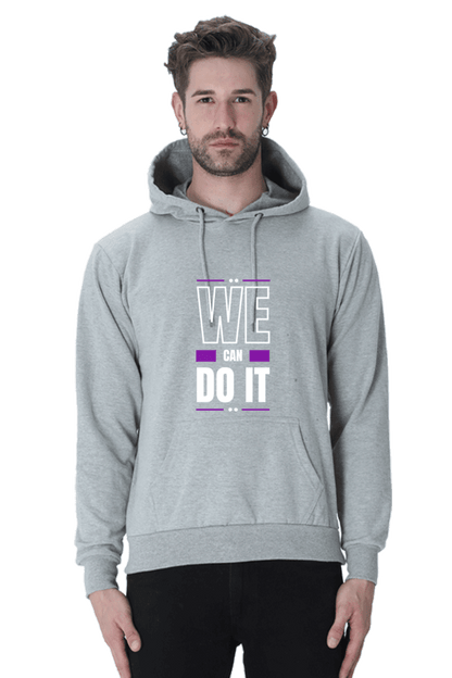 Unisex gray hooded sweatshirt featuring "WE CAN DO IT" design for ultimate warmth and style. Perfect for winter wardrobes.