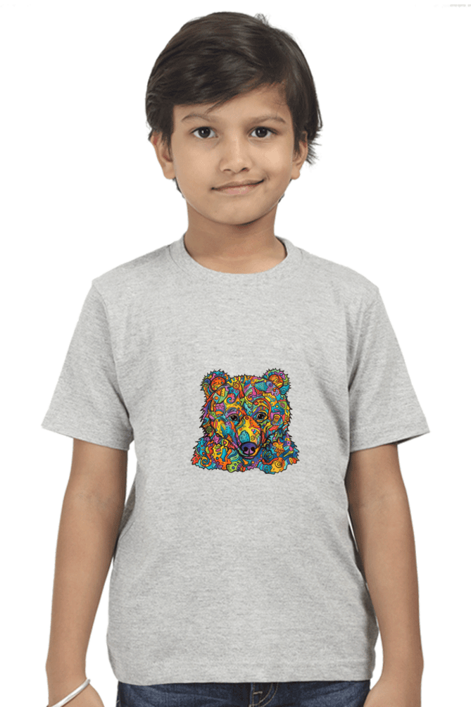 Colorful bear kids round neck t-shirt with vibrant design, made of durable 180 GSM bio-washed fabric, worn by a child.